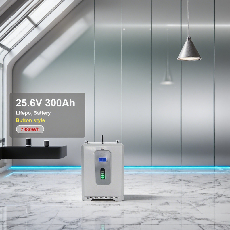 7680Wh Button Style LiFePO4 Battery 25.6V 300Ah Solar System, 8000 Cycles, BMS Protection, Easy Installation, Home Solar Use