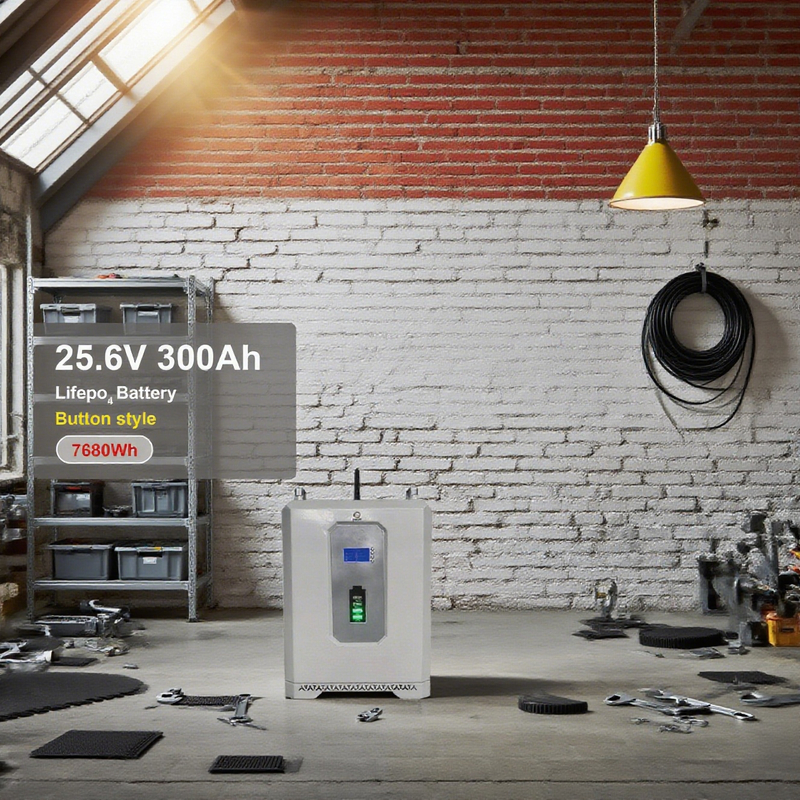 Button Style 25.6V 300Ah LiFePO4 Battery with 10-Year Warranty, 7680Wh Solar Storage, Smart Monitoring, Easy Installation